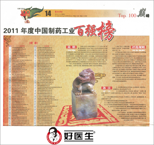 好醫生藥業集團上榜2011年度中國制藥工業百強